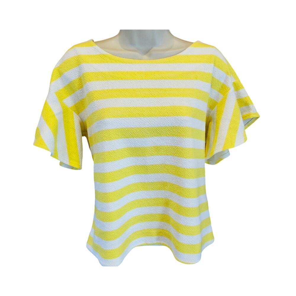 Anthropologie Small yellow white striped crinkle Flutter shirt coquette summer